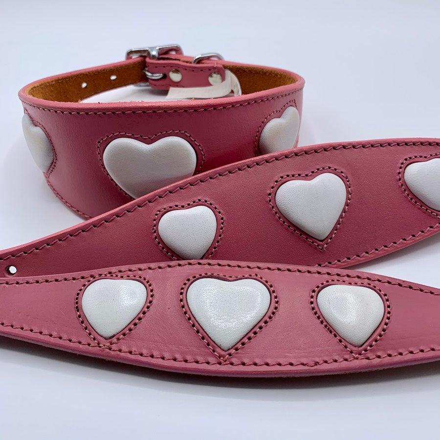 leather padded, suede backed whippet greyhound collar in pink leather / white heart
