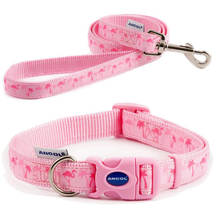 Pink flamingo dog collar and lead set. Cool pink