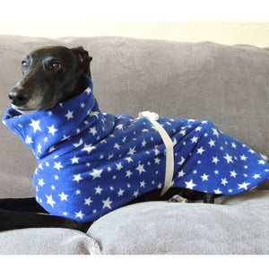 blue with white star fleece greyhound whippet coat. Perfect for colder weather 