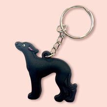 Load image into Gallery viewer, black coloured rubber sighthound keyring, whippet, greyhound, italian greyhound
