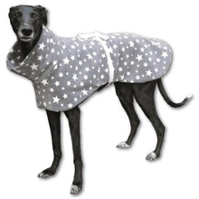 Load image into Gallery viewer, fleece kennel coat for greyhound whippets salukis. star and grey fleece design. reversible
