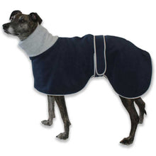 Load image into Gallery viewer, red or blue, double fleece whippet coat with built in snood
