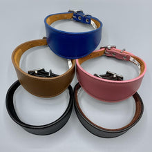 Load image into Gallery viewer, leather iggy collars, pink, blue, tan, black and brown. All with suede backing and padded
