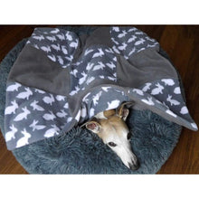 Load image into Gallery viewer, double fleece pet blanket with rabbit design in grey. Pet throw
