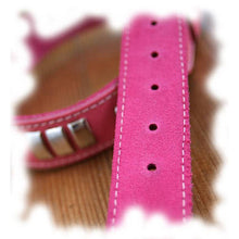 Load image into Gallery viewer, Suede backing on the pink leather staffordshire bull terrier harness. 
