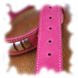Suede backing on the pink leather staffordshire bull terrier harness. 