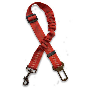 Red leash for attaching a dog harness to car seat belt fastener clip