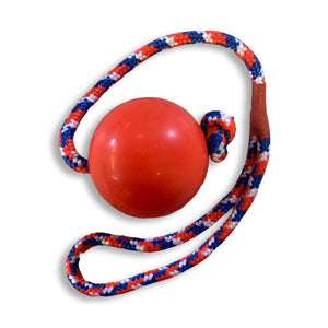 red ball and rope dog toy