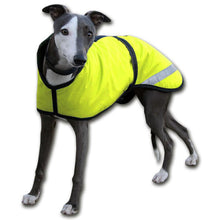 Load image into Gallery viewer, whippet coat with reflective waterproof shell and high visibility strips for safety
