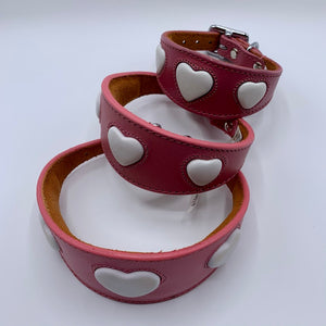stunning whippet greyhound iggy collar in pink leater with white embossed heart design