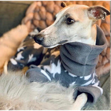 Load image into Gallery viewer, whippets and greyhound fleece coat onesiie pyjamas. Available in grey and pink with rabbit design
