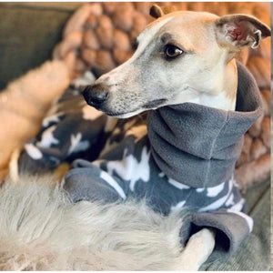 whippets and greyhound fleece coat onesiie pyjamas. Available in grey and pink with rabbit design