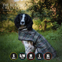 Load image into Gallery viewer, dog coat with herringbone design, dog coat with harness hole, leg straps and country feel. 
