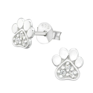 cz sparkly dog paw earrings. sterling silver stud earrings, stamped 925