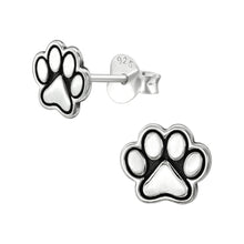 Load image into Gallery viewer, paw print earrings - sterling silver studs with black-outlined paw design
