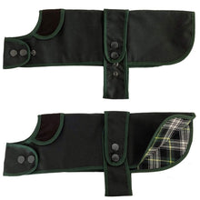 Load image into Gallery viewer, dachshund waxed dog coat with corded collar and cotton tartan lining
