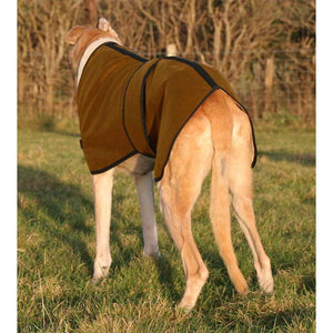 Wax greyhound dog coat. Fleece lined for warmth, super tough wax fabric material. Back view