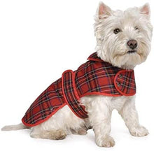 Load image into Gallery viewer, westie in red tartan dog coat with harness hole
