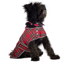 Load image into Gallery viewer, red tartan dog coat with harness hole
