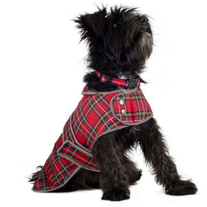 red tartan dog coat with harness hole