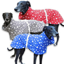 Load image into Gallery viewer, greyhound lurcher fleece pyjamas - house coat or kennel coat. In blue or grey star design

