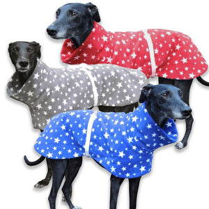 greyhound lurcher fleece pyjamas - house coat or kennel coat. In blue or grey star design